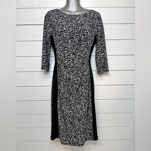 Ralph Lauren Black/White Graphic Print 3/4 Length Sleeve Ruched Waist Dress